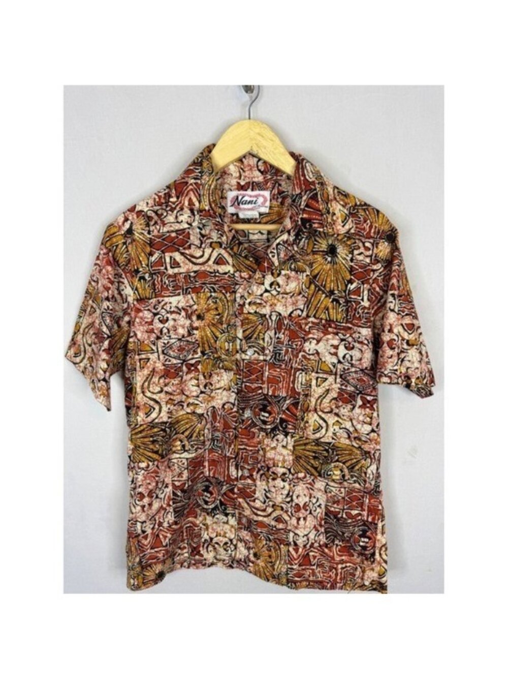Vintage 70s Nani of Hawaii Mens M Batik Tribal Print Cotton Aloha Shirt Rust